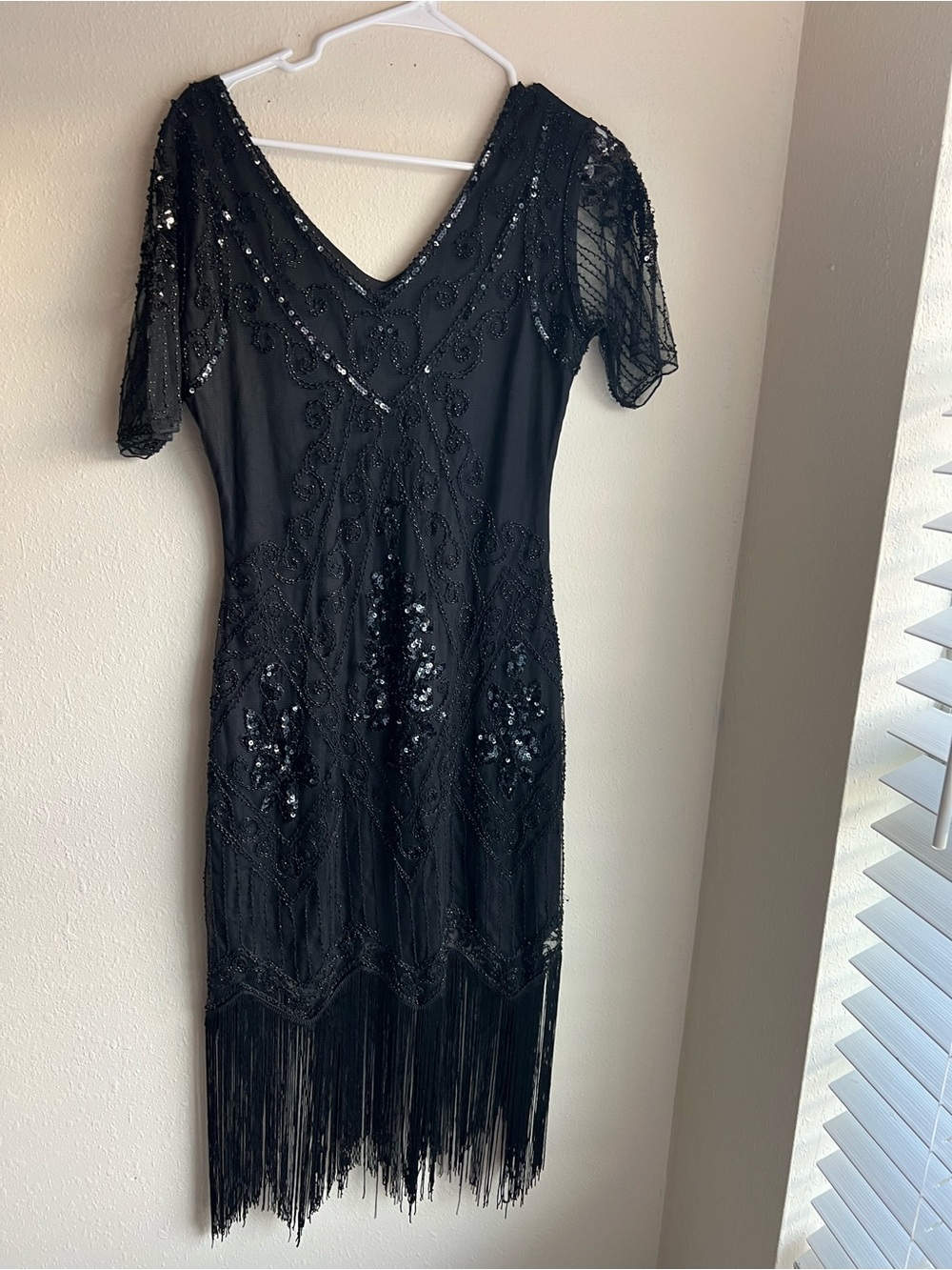 Elegant Black Beaded Fringe Dress - Women's V-Neck Cocktail Dress